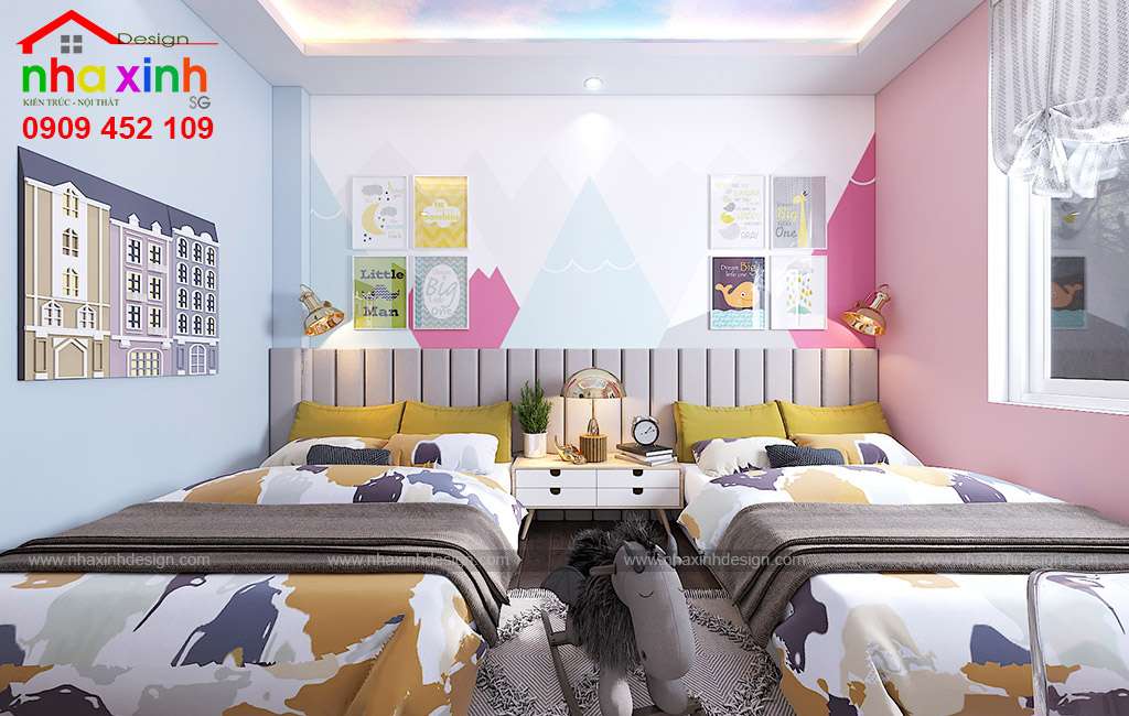 Phòng ngủ cho 2 bé thiết kế nhiều màu sắc bắt mắt
