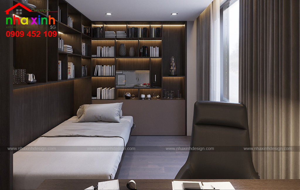 Phòng ngủ tối giản kết hợp phòng đọc sách