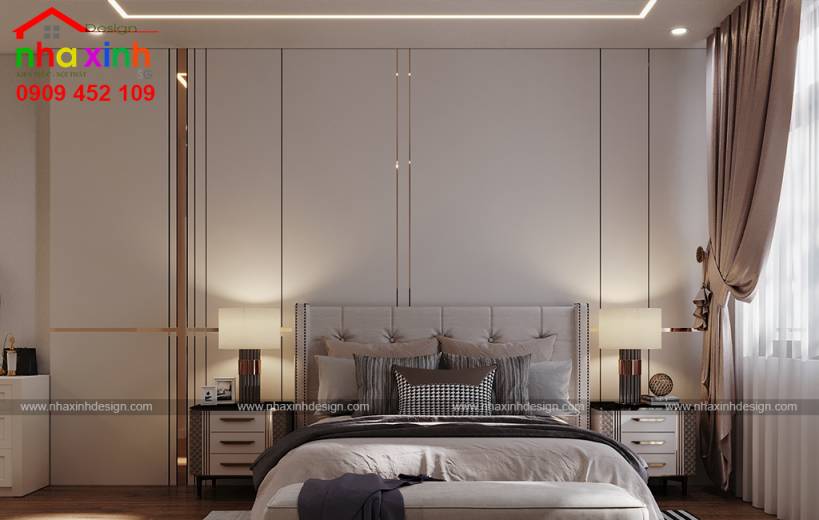 Phòng ngủ tân cổ điển thiết kế đối xứng với nội thất sang trọng