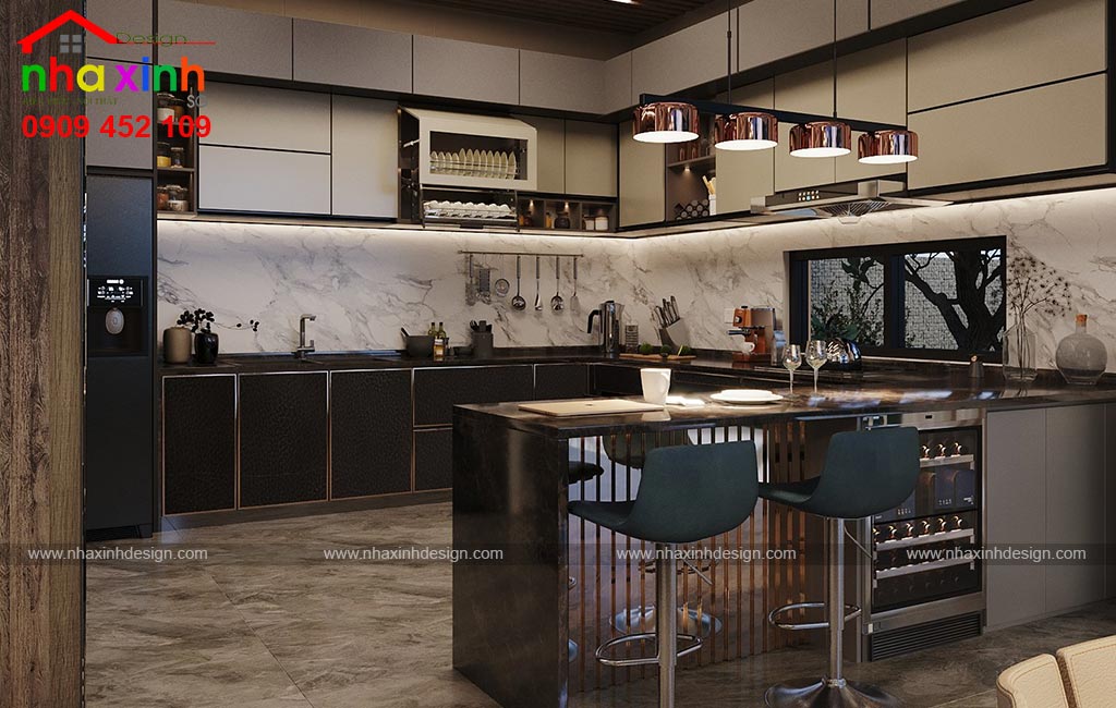 Phòng bếp có diện tích rộng có thiết kế quầy bar hiện đại
