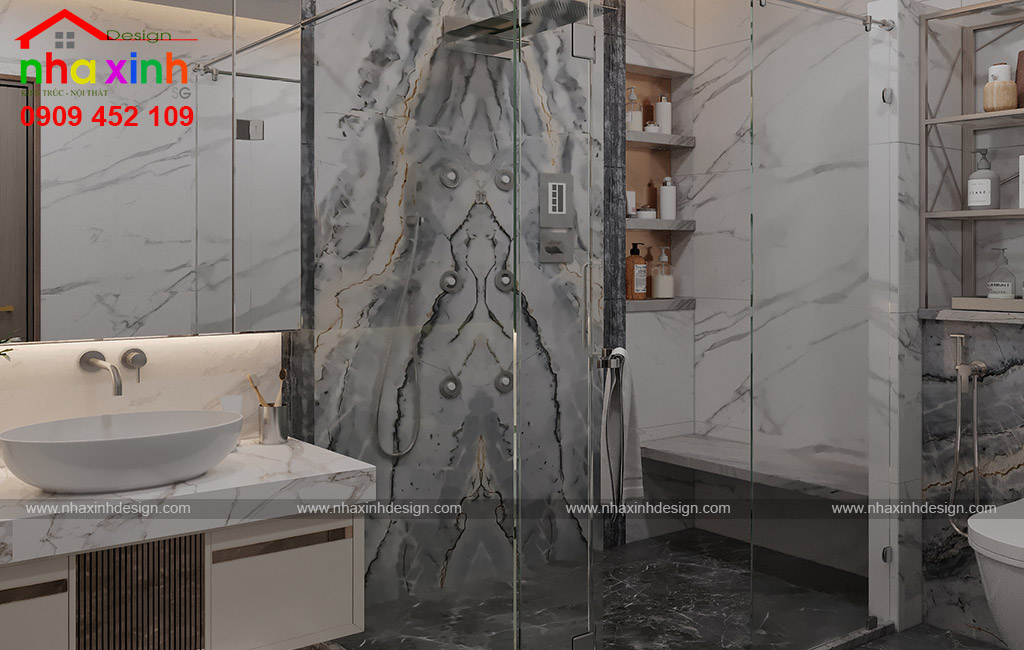 Không gian phòng tắm được tạo điểm nhấn với phần đá ốp đầy ấn tượng