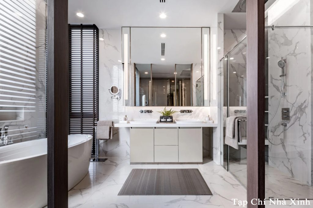 Phòng tắm thiết kế hiện đại với gam màu trắng đẹp mắt
