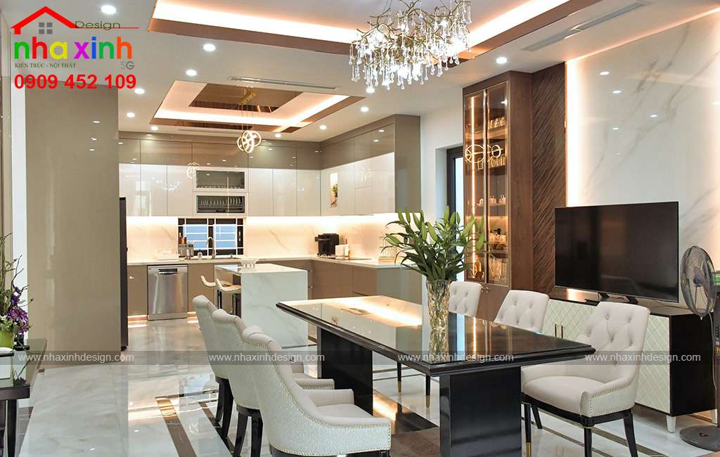 Hình ảnh thực tế hoàn thiện nội thất phòng ăn kết hợp không gian bếp tiện nghi