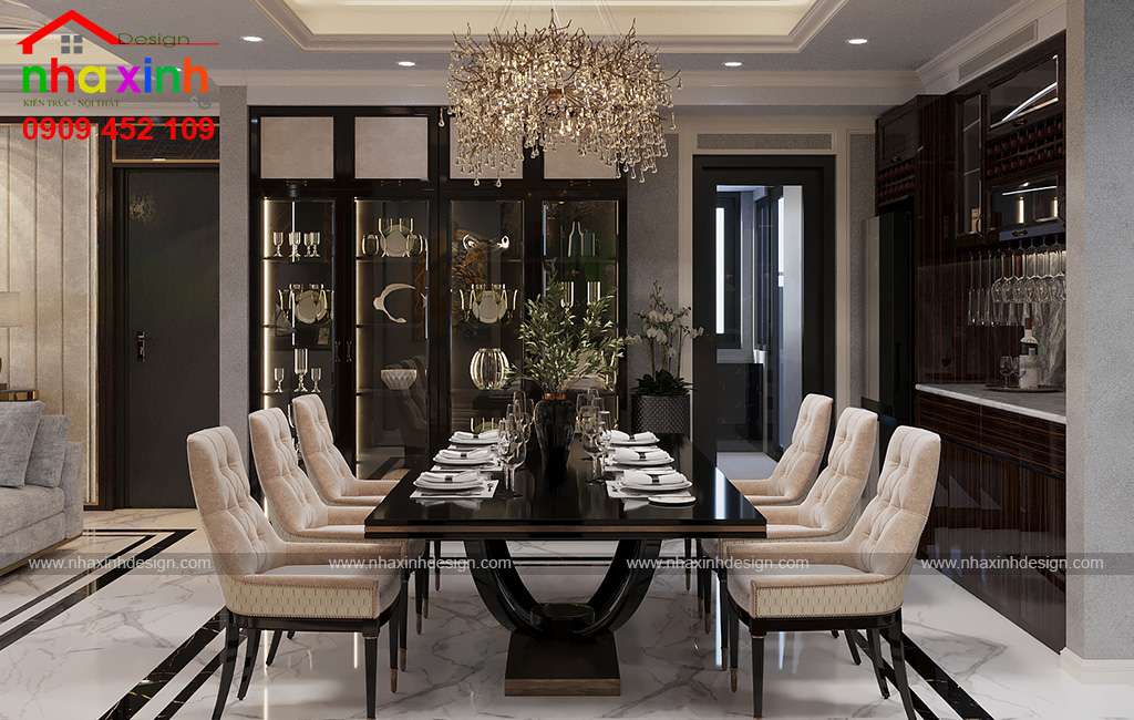 Thiết kế nội thất Penthouse với không gian bàn ăn được tạo điểm nhắn với bộ đèn chùm pha lê ấn tượng