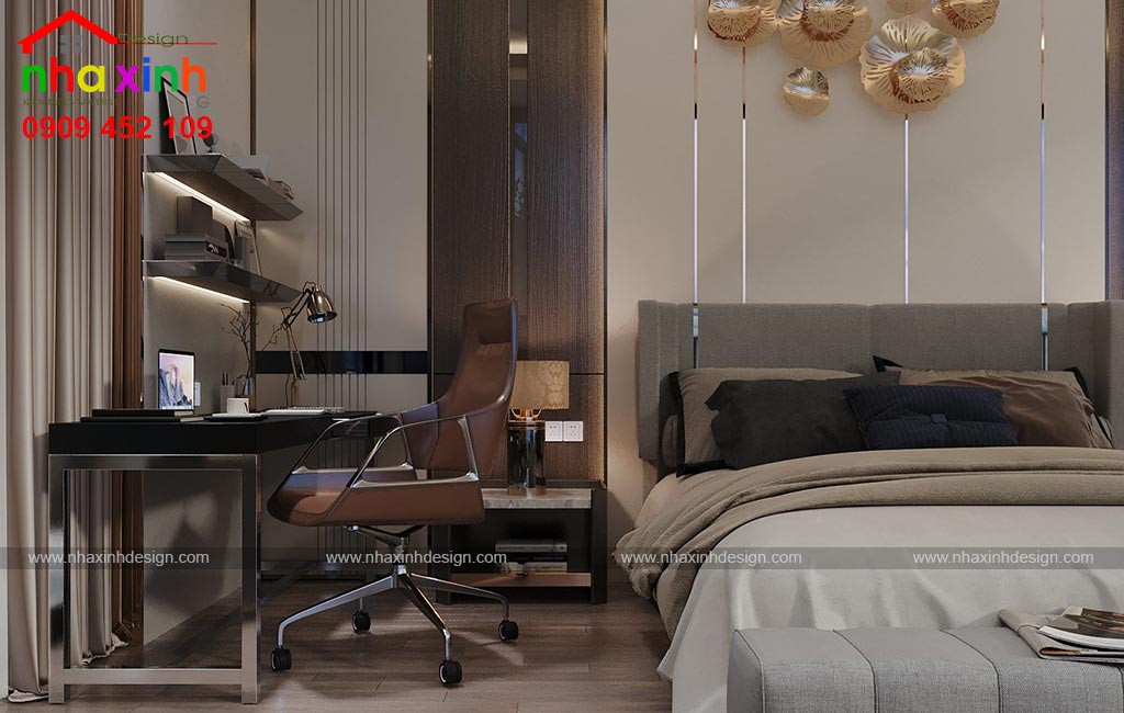 Phòng ngủ master được thiết kế với gam màu trầm ấm