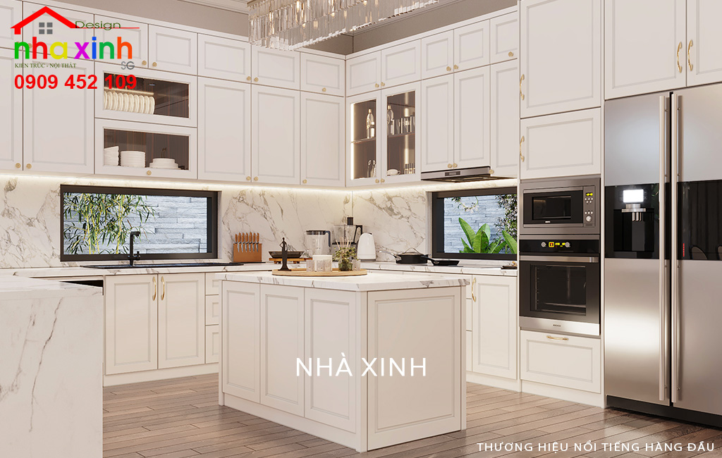 Mẫu thiết kế nội thất phòng bếp được bố trí với hệ tủ tiện nghi