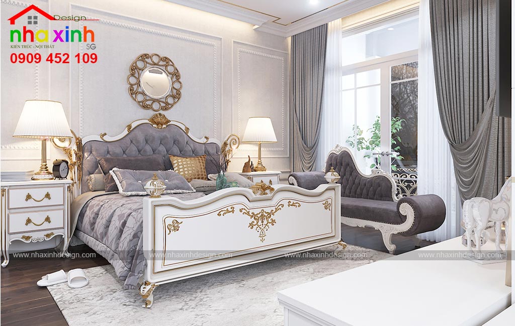 Phòng ngủ với thiết kế tinh tế nổi bật với các họa tiết hoa văn uốn lượn mềm mại