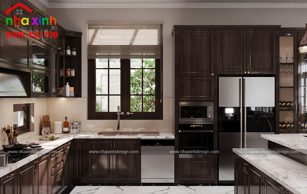 Thiết kế nội thất biệt thự phòng bếp ưu tiên sử dụng với chất liệu gỗ cao cấp