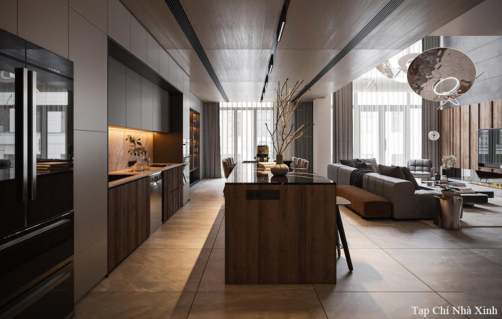 Không gian phòng bếp được thiết kế với đường nét tinh tế