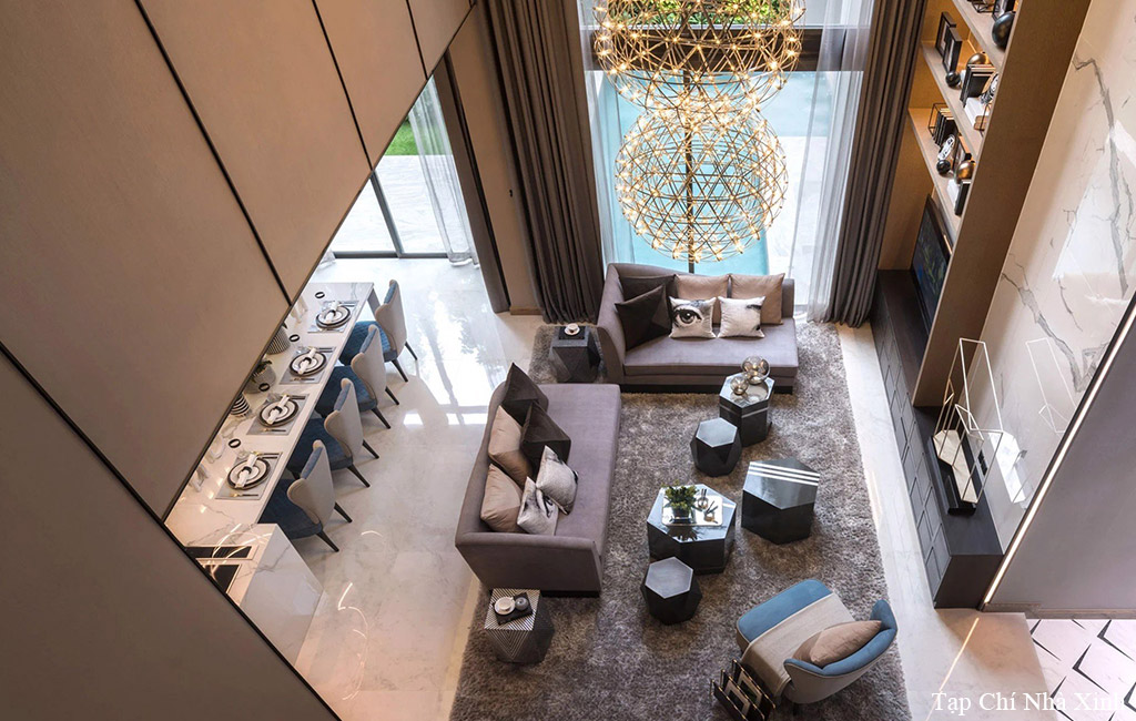 Mẫu thiết kế nội thất thông tầng phòng khách phong cách hiện đại Luxury