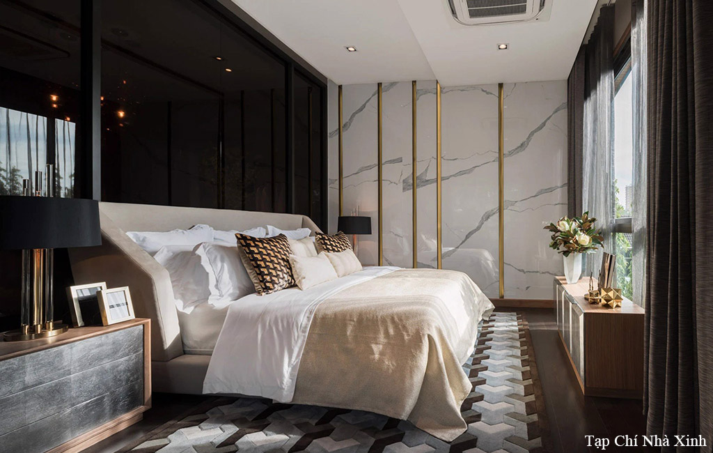 Phòng ngủ được sự kết hợp màu sắc hài hòa tạo không gian trầm ấm