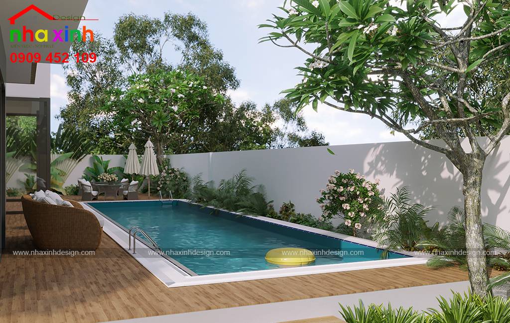 Hồ bơi hình chữ nhật phù hợp với phong cách thiết kế hiện đại của cả căn nhà