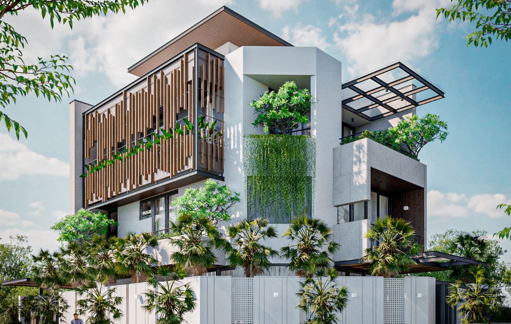 Biệt thự 4 tầng sân vườn mái bằng trồng nhiều loại cây xanh độc đáo