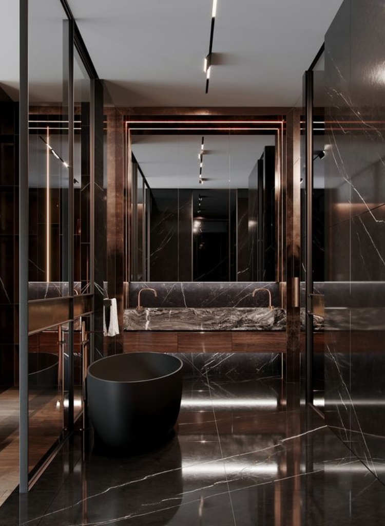 Phòng tắm của phòng ngủ master sang trọng, bí ẩn sử dụng tông màu tối chủ đạo