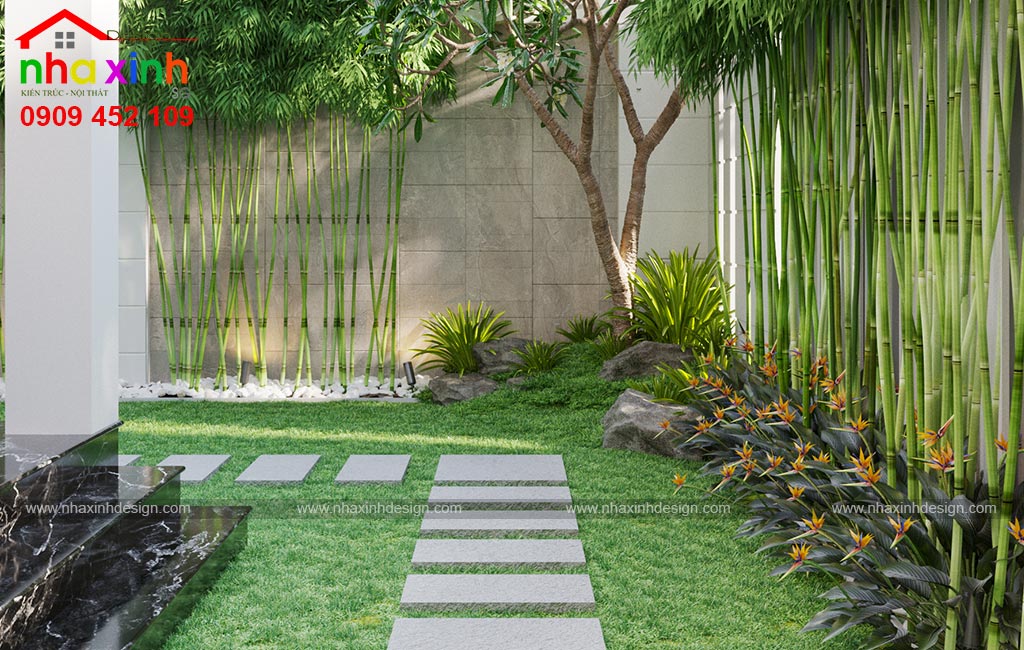 Cây xanh trồng bao quanh tường rào mang đến không gian xanh mát cho căn biệt thự