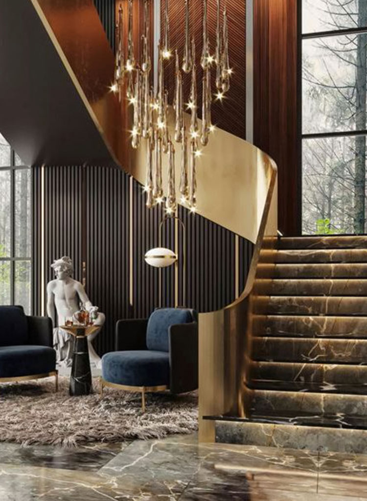 Sảnh cầu thang nhỏ gọn sử dụng thảm hình tròn cùng ghế sofa đơn tối ưu diện tích