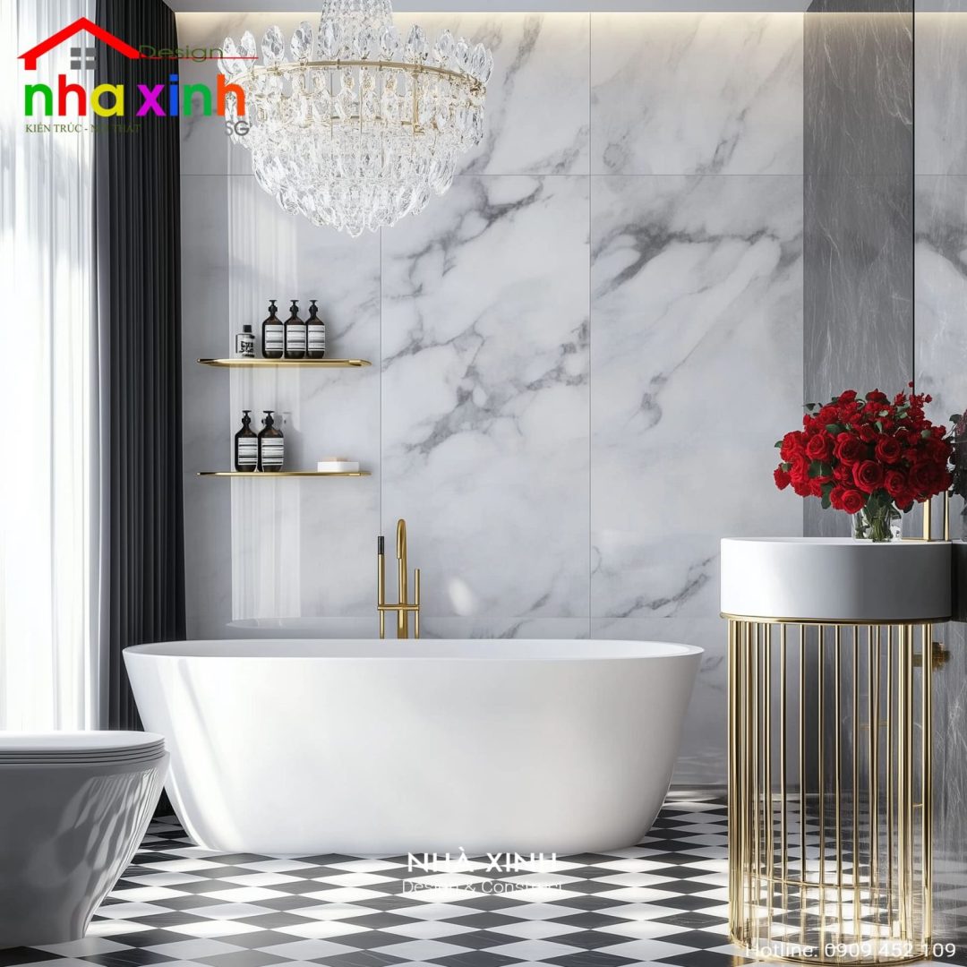 Thiết kế phòng tắm sang trọng với bồn tắm độc lập, đá marble trắng ốp tường, đèn chùm pha lê và sàn kẻ ô đen trắng