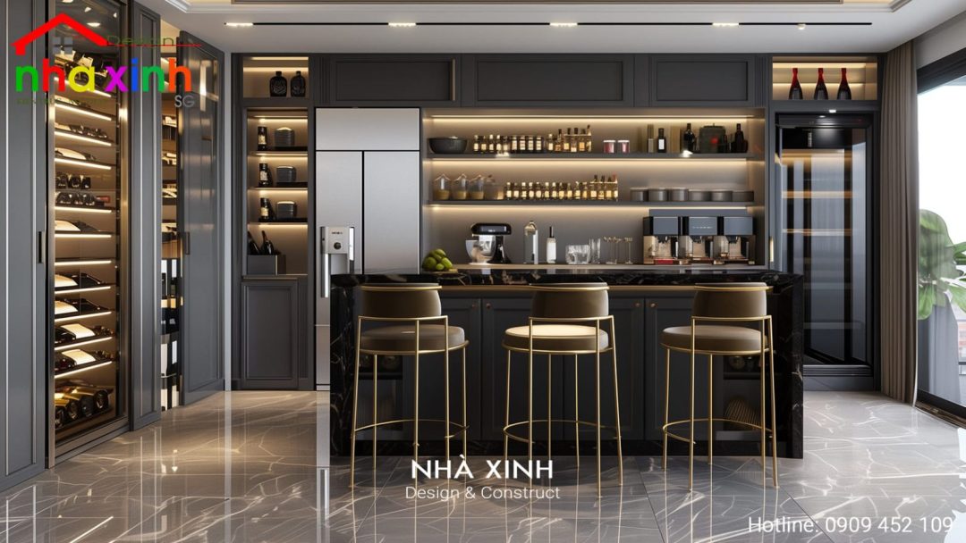 Thiết kế nội thất quầy bar mini sang trọng với tông màu đen, kết hợp tủ rượu và hệ thống đèn tinh tế