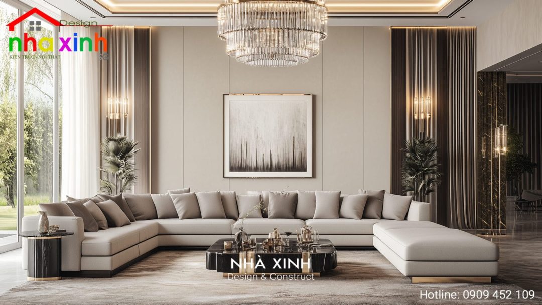 Phòng khách sang trọng với sofa hình chữ L lớn, hai ghế dài và bàn cà phê trung tâm