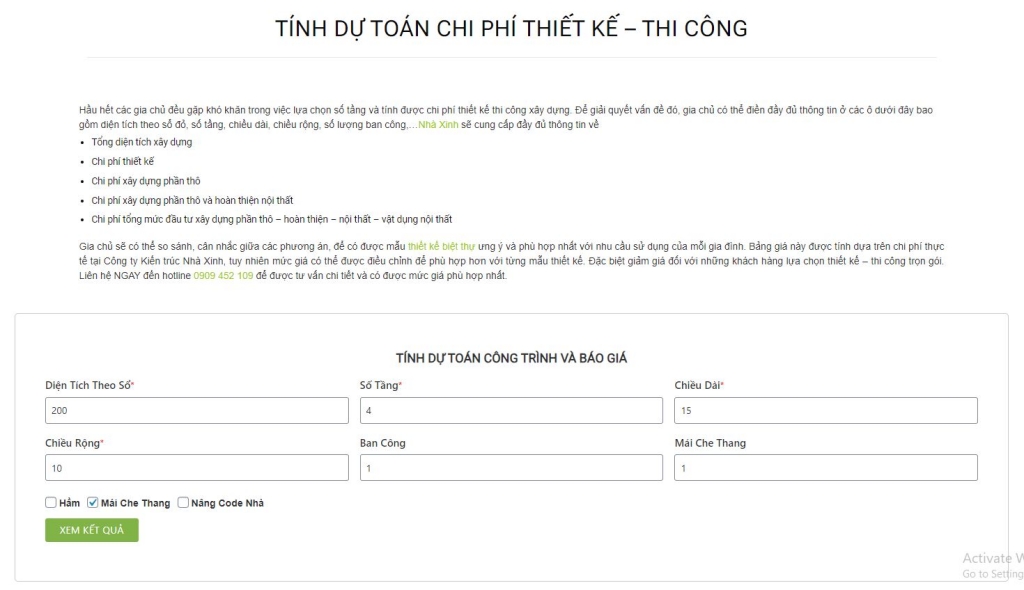 Bảng tính dự toán chi phí thiết kế thi công của Nhà Xinh