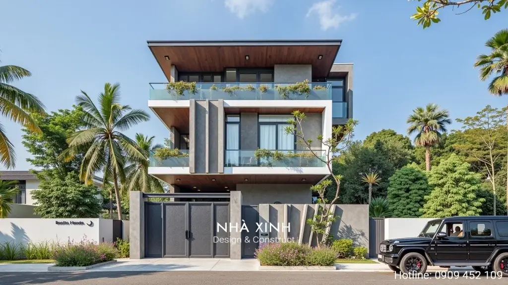 mẫu nhà phố 2 tầng mặt tiền mái bằng hiện đại 