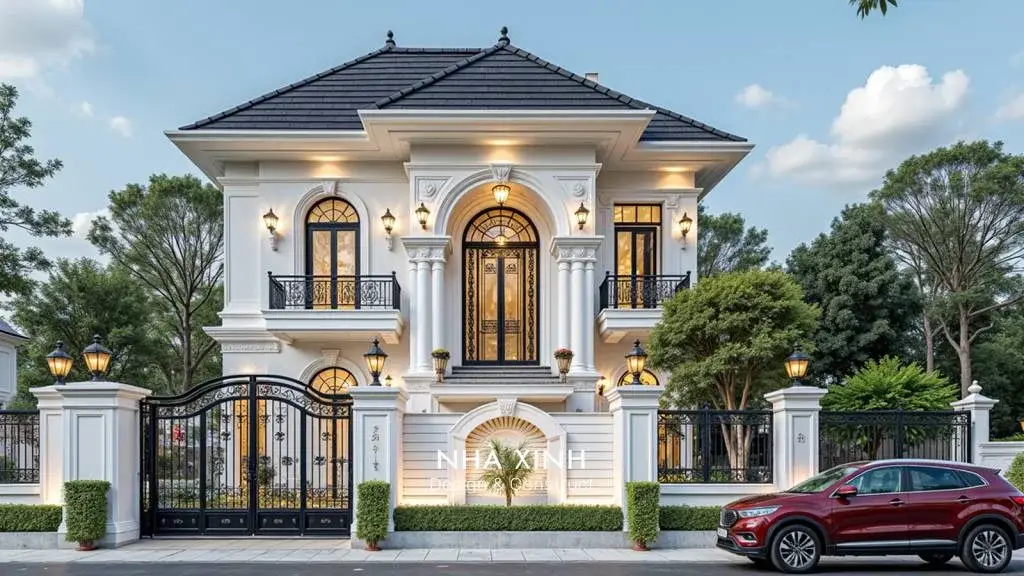 thiết kế nhà phố 2 tầng mặt tiền 7m tân cổ điển