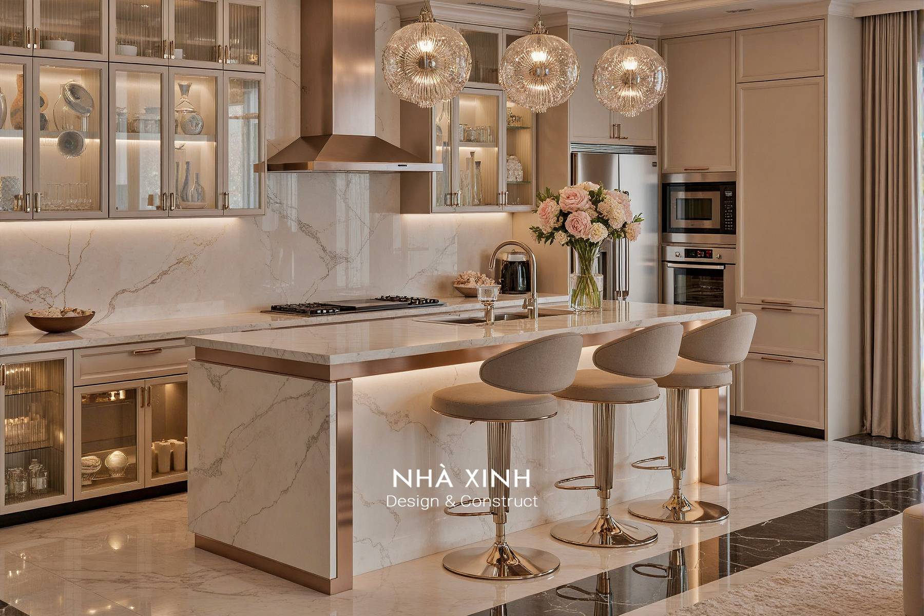 Không gian bàn ăn được thiết kế nổi bật với gam màu xám