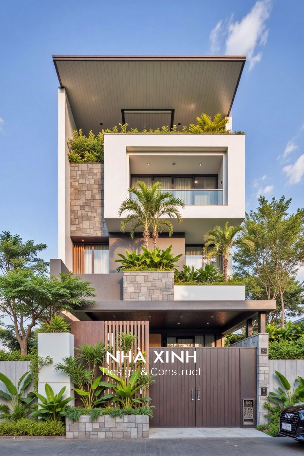 Ngoại thất xanh mát của mẫu biệt thự 4 tầng 200m2