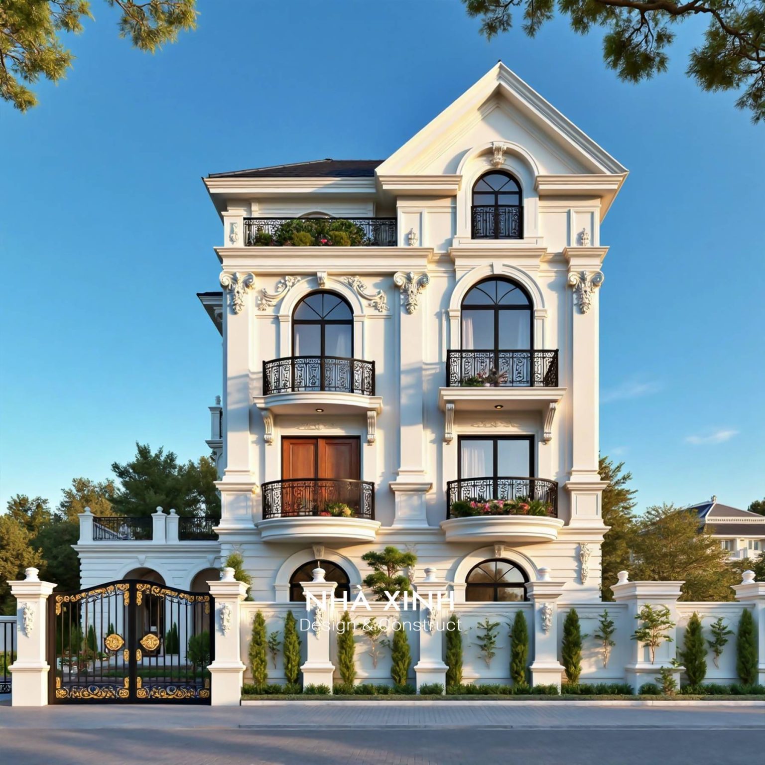 Thiết kế biệt thự cổ điển đẹp – ban công sắt mỹ thuật, cửa vòm và mặt tiền trắng sang (Mẫu 03)