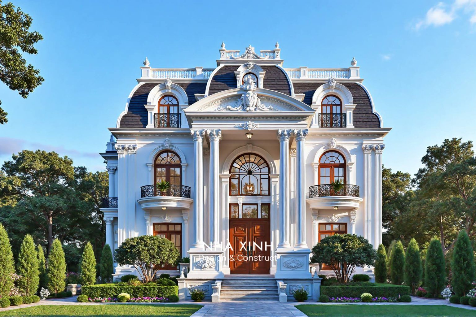 Biệt thự cổ điển đẹp phong cách châu Âu – sảnh cao, phào chỉ lớp và tỷ lệ bề thế (Mẫu 04)