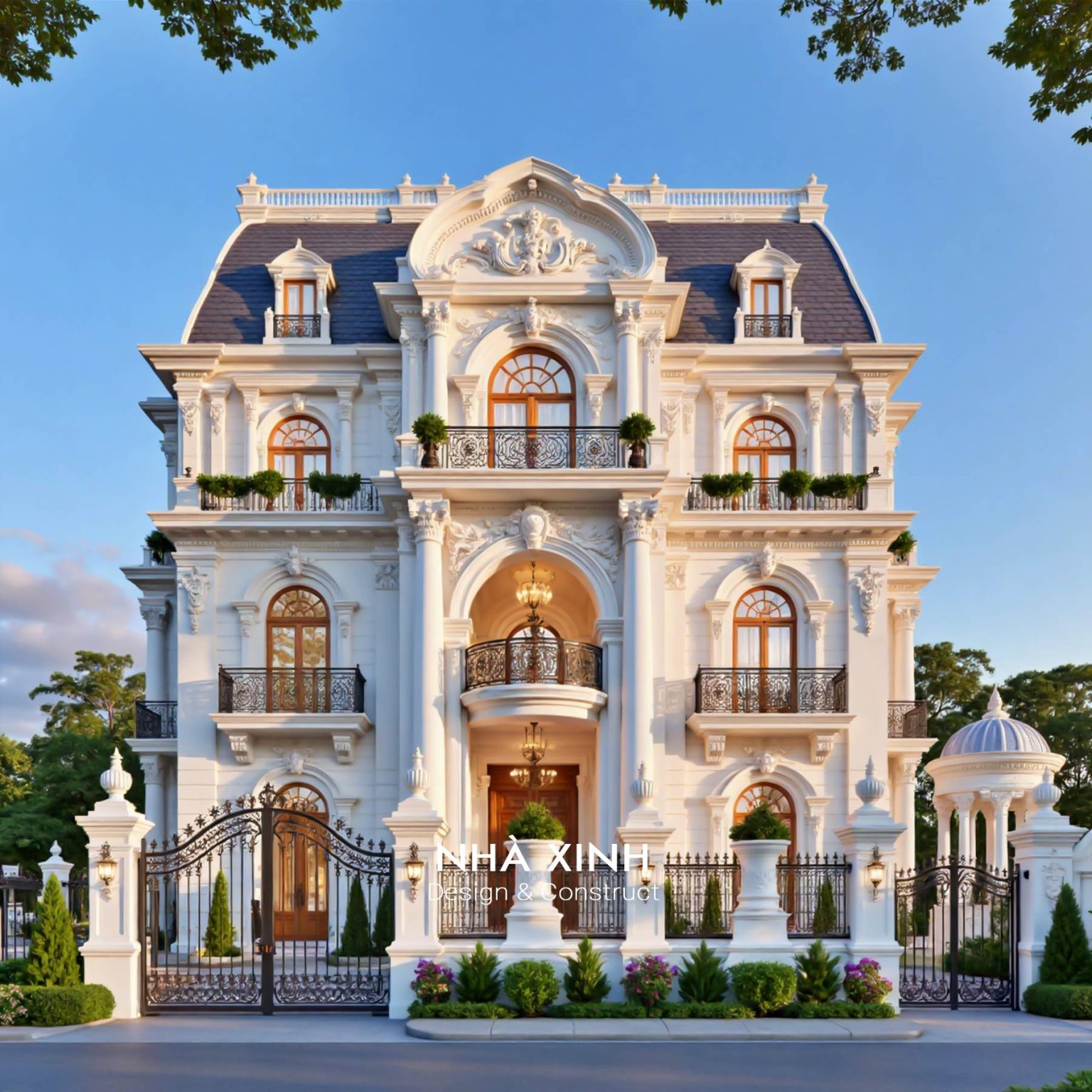 Thiết kế biệt thự cổ điển đẹp – khối nhà bề thế, mái Mansard và sảnh trung tâm sang trọng (Mẫu 05)