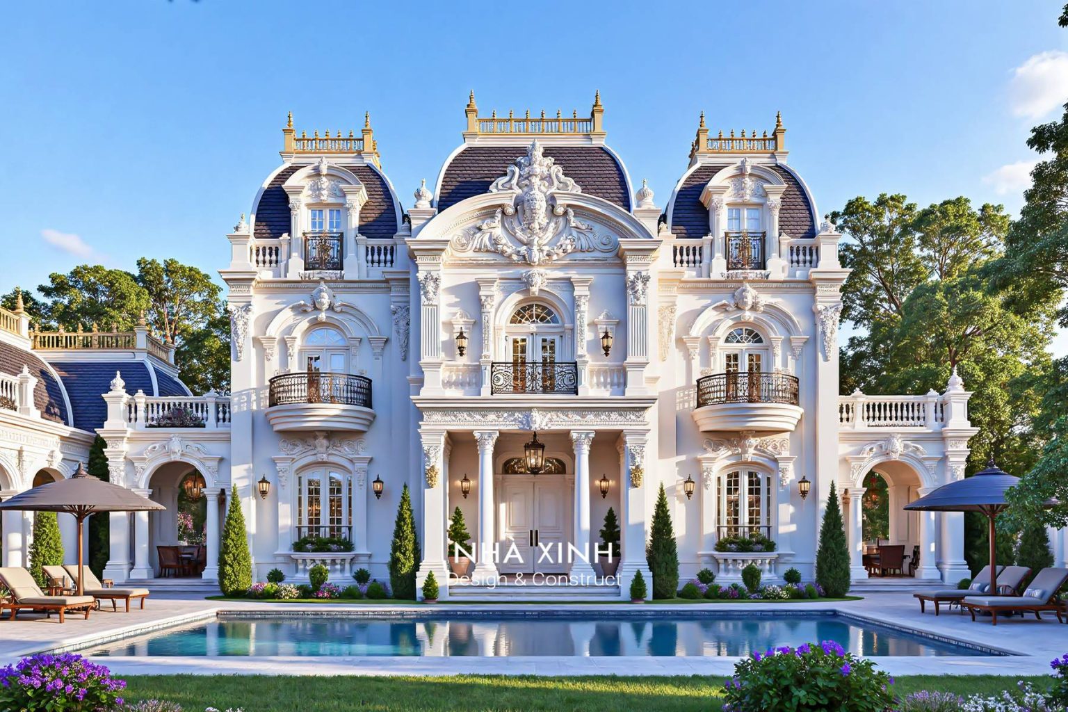 Biệt thự cổ điển kiểu château – mái Mansard, ban công dài và không gian sân vườn hồ bơi (Mẫu 02)