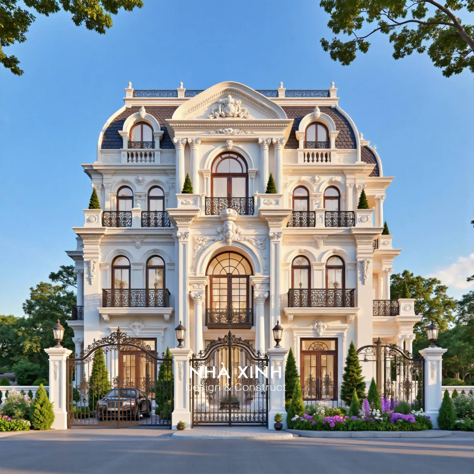 Thiết kế biệt thự cổ điển đẹp – mặt tiền đối xứng, sảnh cột lớn và cửa vòm sang trọng (Mẫu 01)